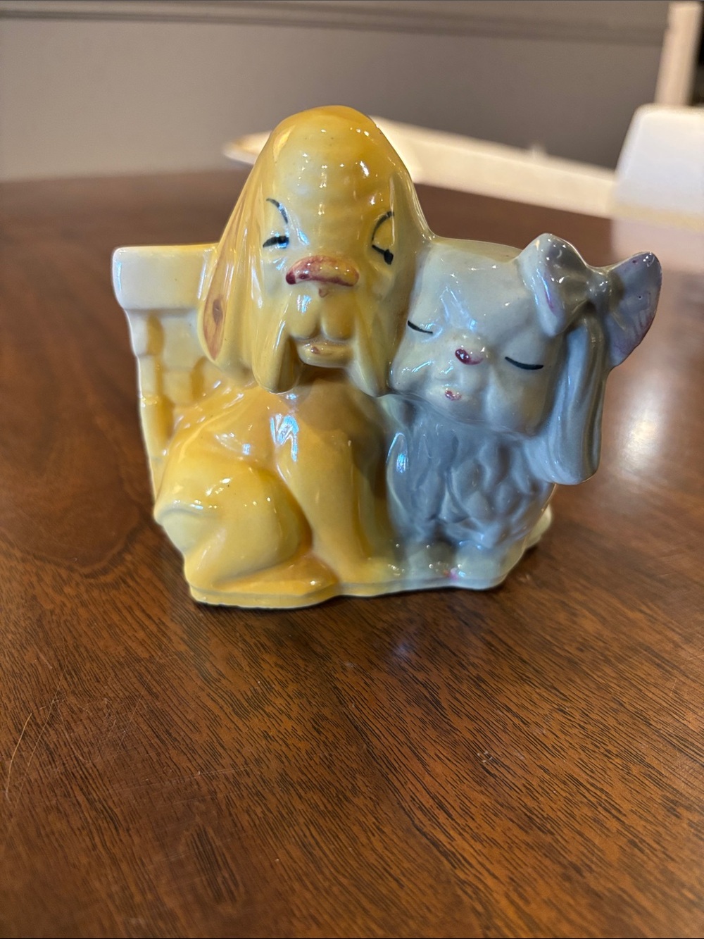 Shawnee Pottery- Yellow and Light Gray Ceramic Dog & Cat Planter